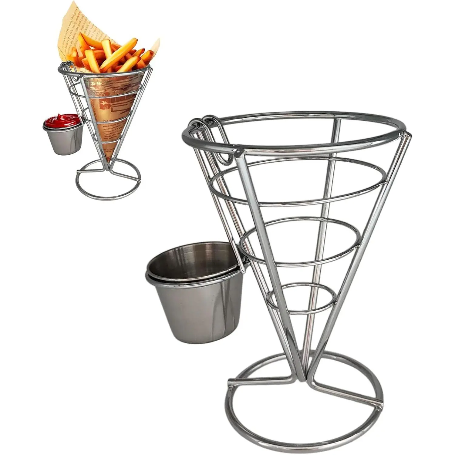 Fries Rack, Stainless Steel Conical Ice Cream Cone Basket, Chip Fried  Display Rack, Snack Chip Holder with Dipping Cup Set for Restaurant Kitchen