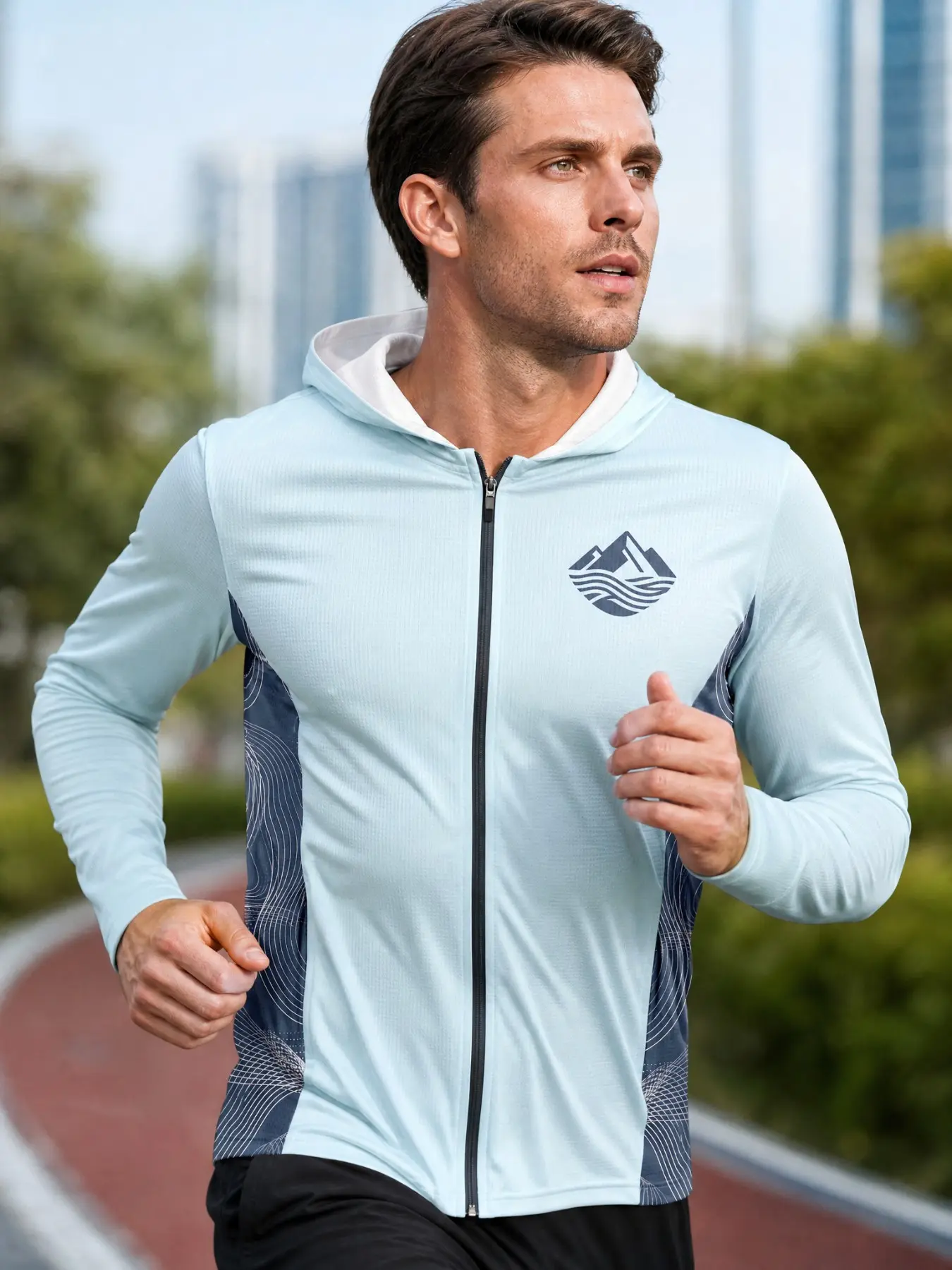 Light Blue Mountain Wave Logo Side Print Navy Mesh Sunscreen Full Zip Running Hoodie, Lightweight Quick-Dry UV Protection Long Sleeve Performance Top