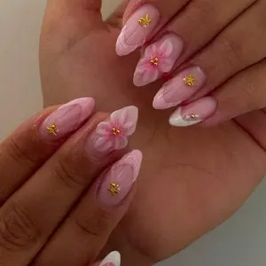24pcs Medium-Length Almond Nails, Nude Jelly Base, Shell Texture, 3D Floral Design, Gold Star Accents, Summer Beach Nail Art