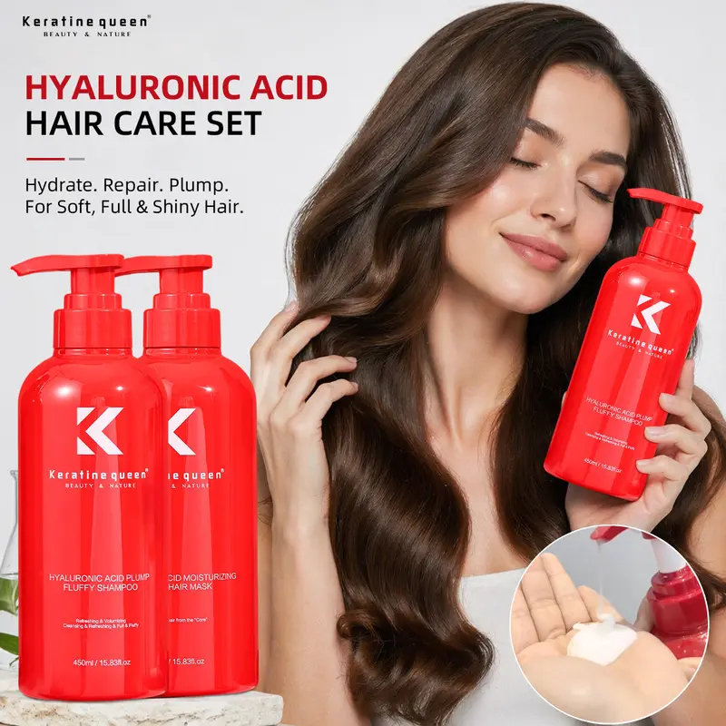 Keratin Queen Hyaluronic Acid Haircare Gift Set, Salon Fluffy Shampoo & Repair Hair Mask 450ml*2, Sulfate & Paraben Free, Hydrate Frizzy Dry Hair Anti Dandruff Oil Control Long Lasting Fragrance Luxury Gift Box For Damaged Hair