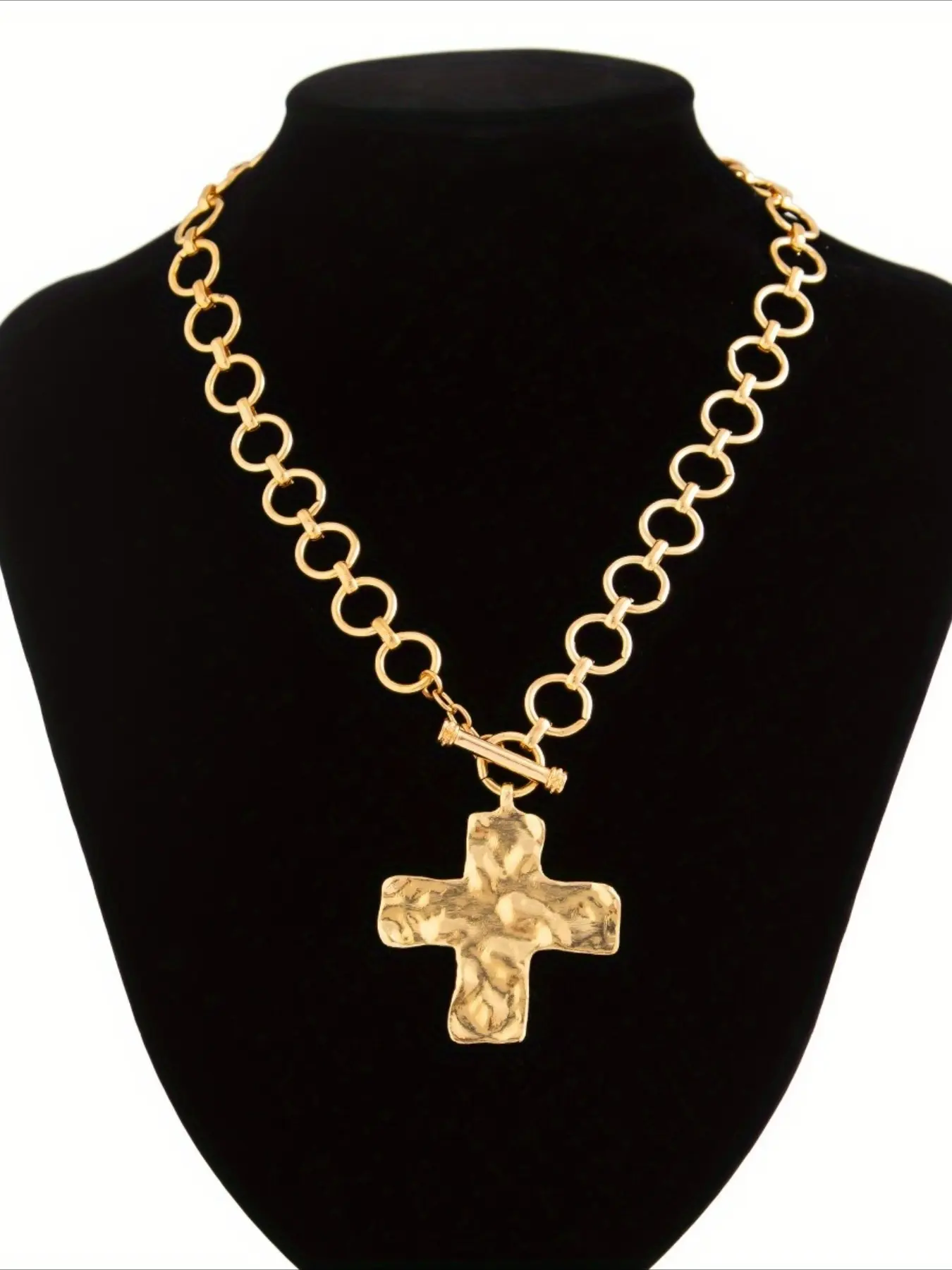 Trendy Hammered Bold Cross Necklace Thick Chain Set for Women Men Chunky Golden Silvery Statement Pendant Necklace Vintage Chain Pendant Jewelry Grunge Cross Necklace