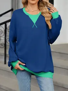 New Fall Winter Striped Round Neck Side Split Long Sleeve Colorblock Loose Fit Sweatshirt, Casual All Seasons Top, Unlined Comfortable Design