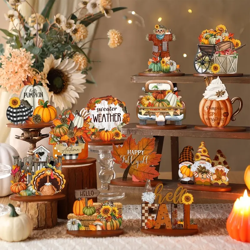 12-Piece Rustic Autumn Centerpiece Set Featuring Gnomes, Maple Leaves, and Turkeys  Ideal for Thanksgiving Layered Tray Decor, Windowsill Artificial Tabletop Arrangements, Farmhouse Dining Table Settings, Autumn Party Home Gifts, Birthdays, Seasonal Deco