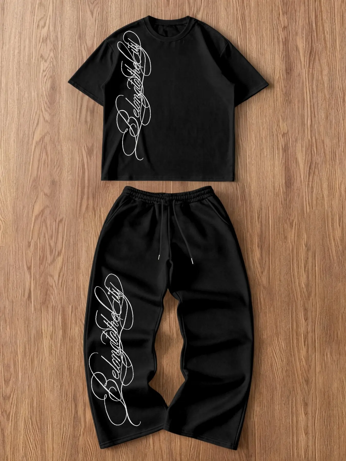 Men's 2-Piece Chicano Streetwear Casual Tracksuit Set, Athleisure sweatsuit, Breathable Fabric Oversized Short Sleeve Tee + Drawstring Wide Leg Sweatpants with Cursive Letter Embroidery Print, Hip Hop Matching Outfit for Skateboarding, Daily Hangouts