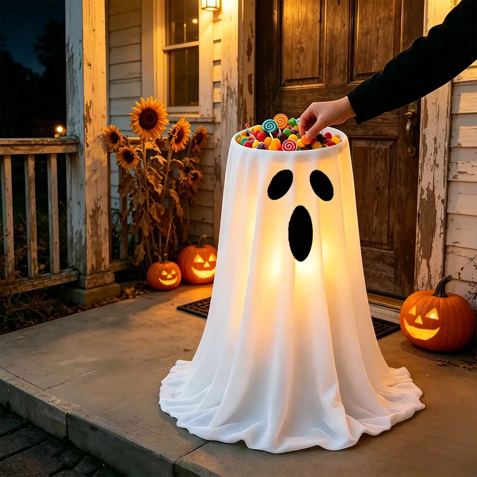 Glowing Ghost Set, Spooky Adjustable Height Candy Bowl Holder, Outdoor Halloween Decoration, Cute Trick-Or-Treat Candy Rack, Front Door Porch Decor