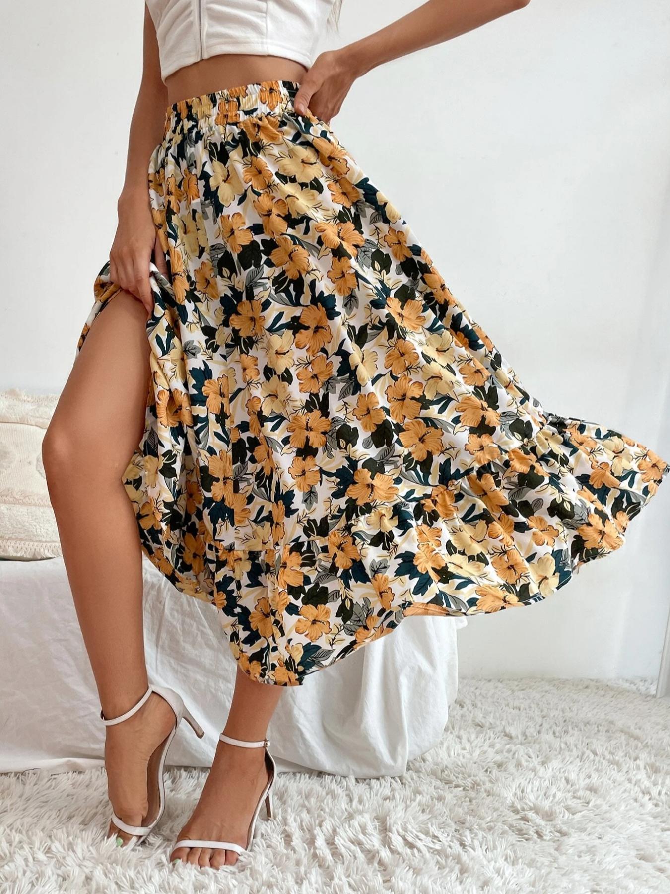 Women's Floral Print Ruffle Hem Elastic Waist Midi Skirt, Summer Clothes Women, Boho Romantic A Line Skirt for Daily Holiday Vacation Wear, Ladies Bottoms for Spring Fall
