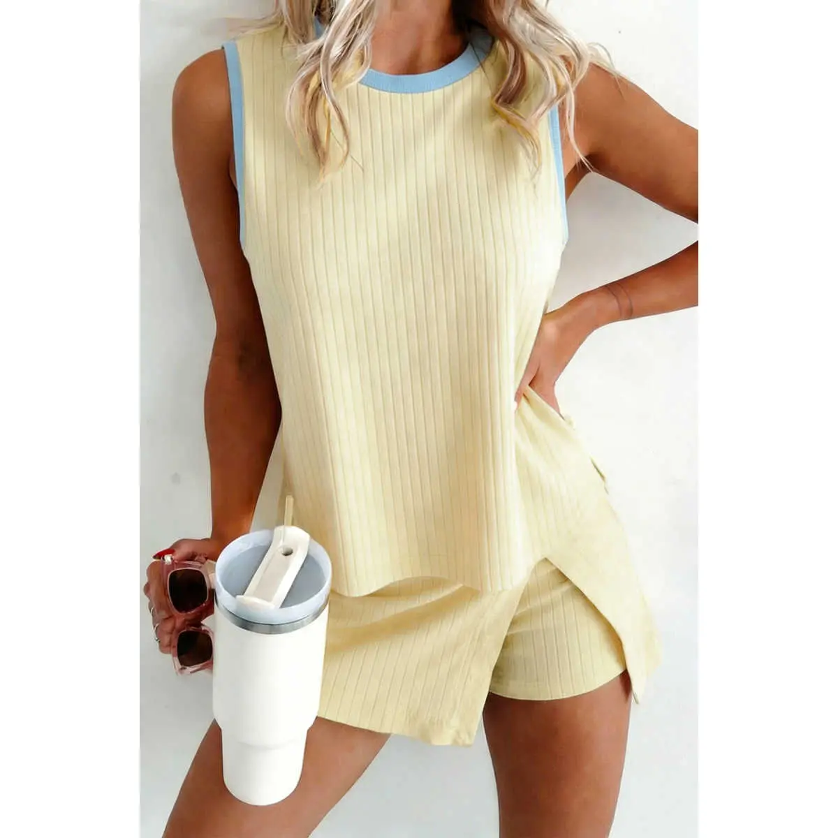 Women's 2-Piece Sleeveless Ribbed Round Tank Top & Split Skort Set - Yellow Contrast Trim, Patchwork, Cotton Elastane Polyester Blend, Loose-Fitting, Insert Pockets, Summer Lounge Casual Outfit (Cold Wash Recommended)