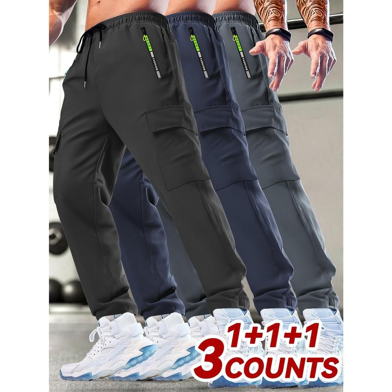 Men's Plus Size (1XL, 2XL) Athletic Cargo Training Pants 3-Pack - Lightweight Polyester Plus Size Clothes, Drawstring Waist, Printed Zip & Multi-Pocket Utility Men's Pants, Basic All Seasons Wear for Hiking, Machine Washable