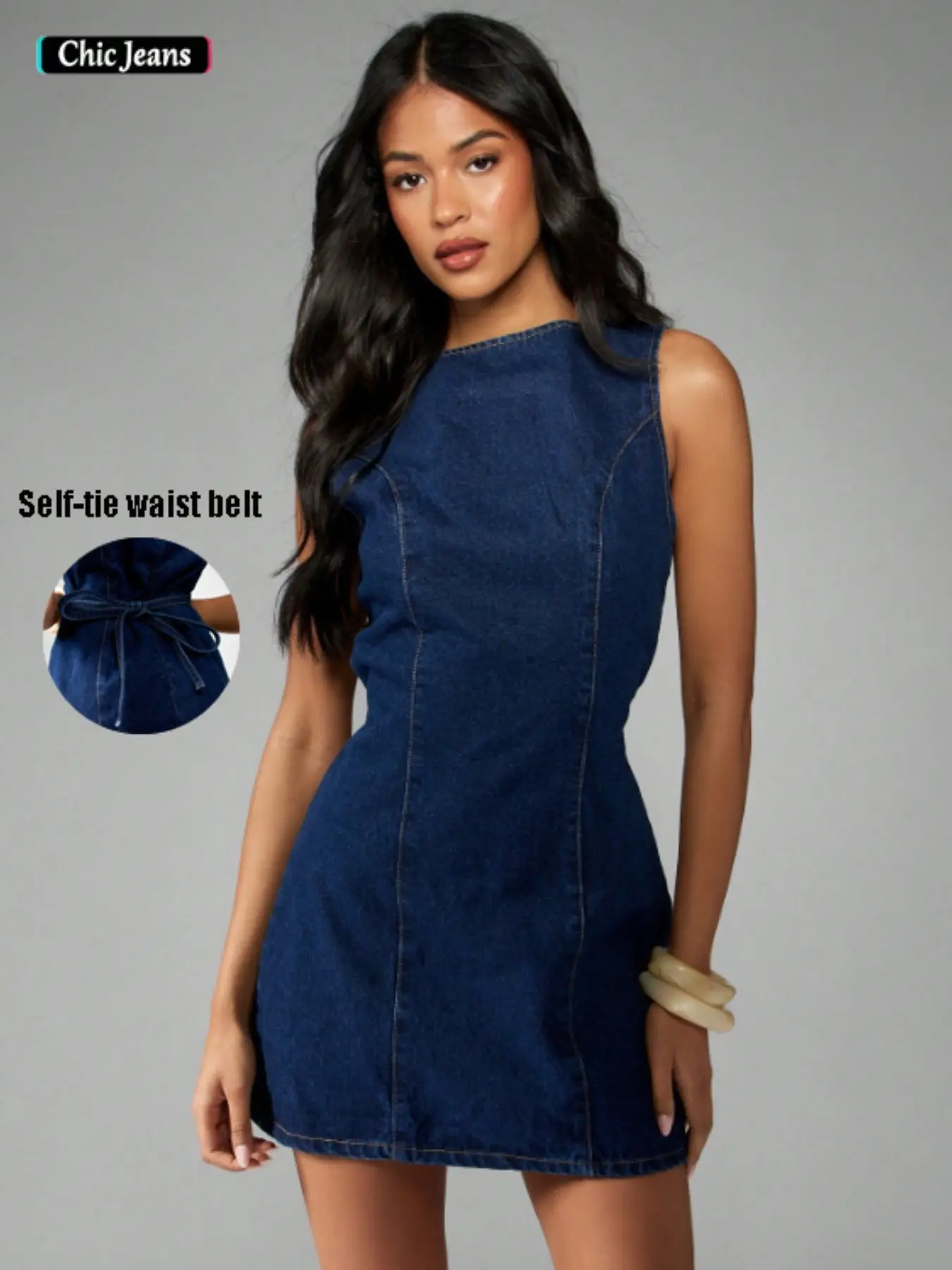 Women's American Retro Vintage Sleeveless Short Dark Wash Denim Summer Dress, A-Line Dress, Flattering Fit, Perfect for Daily Commute, Dates, Parties and Vacations