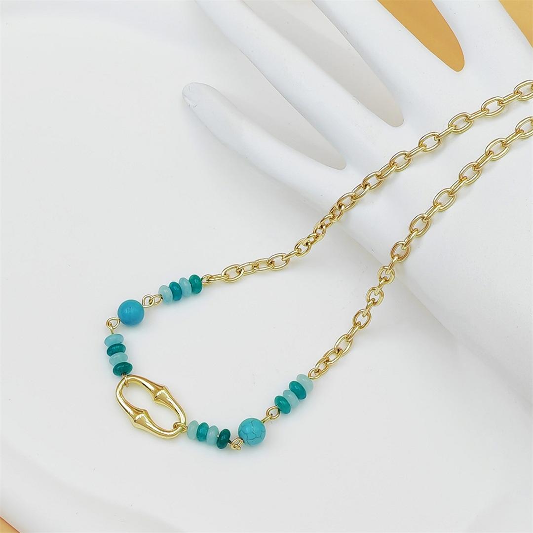 Bohemian Blue Turquoise Necklace 18K Gold Plated Double Layer Natural Stone Clavicle Chain For Daily Wear