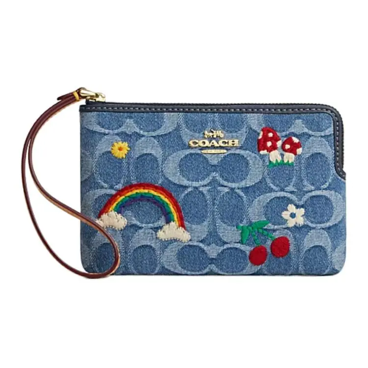 COACH Classic 16 Top-Zip Clutch with Wrist Strap, Denim Fabric Lining, Women's Small Handbag, Mixed Indigo Blue