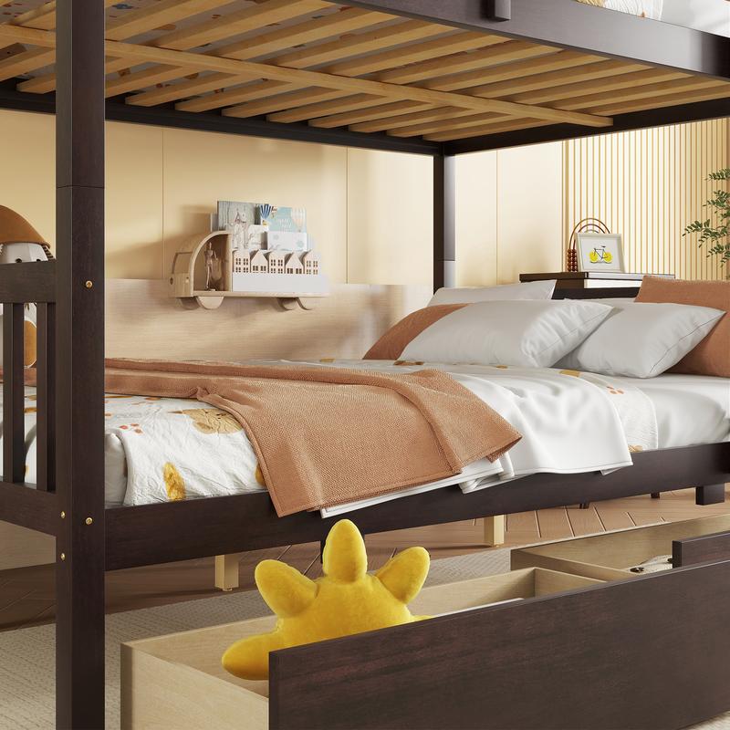 full Over full Rubber Wood Bunk Bed with 2 Drawers, Convertible into 2 full Beds, full Size Bunk Bed with Ladder and Safety Guardrails ,Espresso