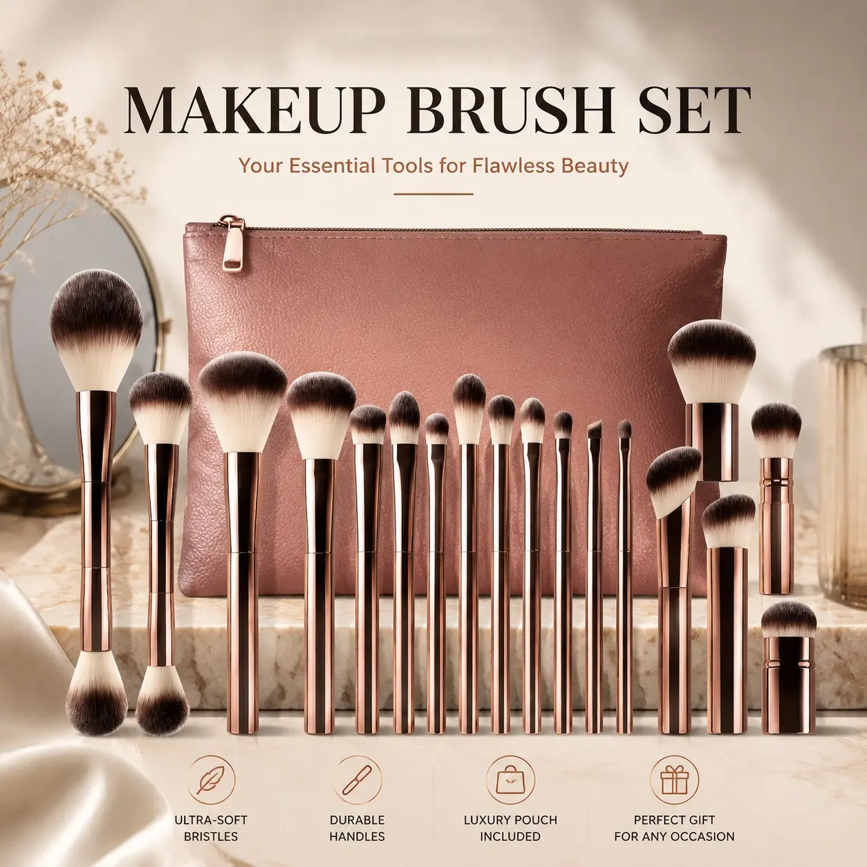 Coffee Color High-End Makeup Brush Set, 21-Piece Kit with 20 Brushes and 1 Brush Bag, Soft Nylon Bristles, Travel-Friendly, Gift Idea, Face Makeup Brushes