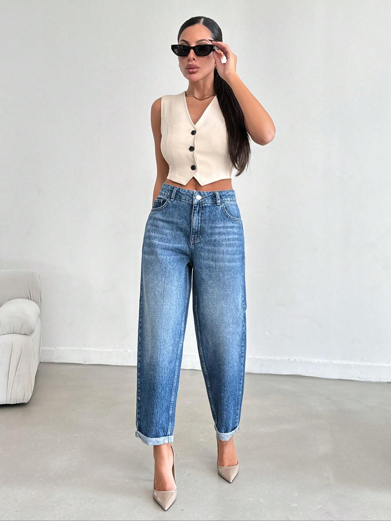 OBLue Jeans Retro High Waist Straight Leg Jeans for Women, Loose Fit with Rolled Hem for Slim Look and Style, High Waisted Denim