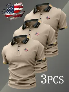 Men's Golf Polo Shirt Set, Usa Flag Print, Fitted Casual Top, Breathable & Durable, Four-Season Wear, High-Quality Comfort