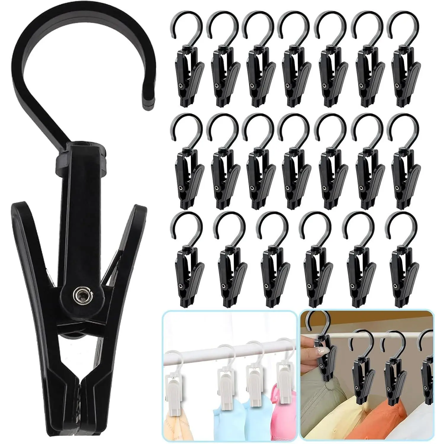 20 PCS Laundry Hooks with Clips Super Strong Plastic Home Travel Swivel Hanging Hanger Closet Organizer Clamps Socks Boot Bras Towels for Bathroom Wardrobe Kitchen Office - 4.3 Inches (Black)