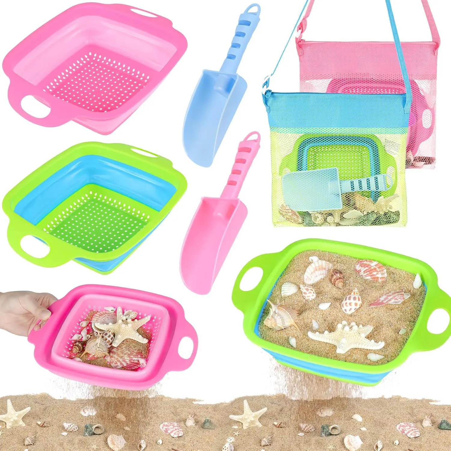 Beach Sand Toys, 2 Collapsible Sand Sifters, 2 Beach Shovels, 2 Mesh Beach Bags, Shark Tooth Sifter & Shell Collecting for Kids Boys and Girls, Beach Essentials for Family