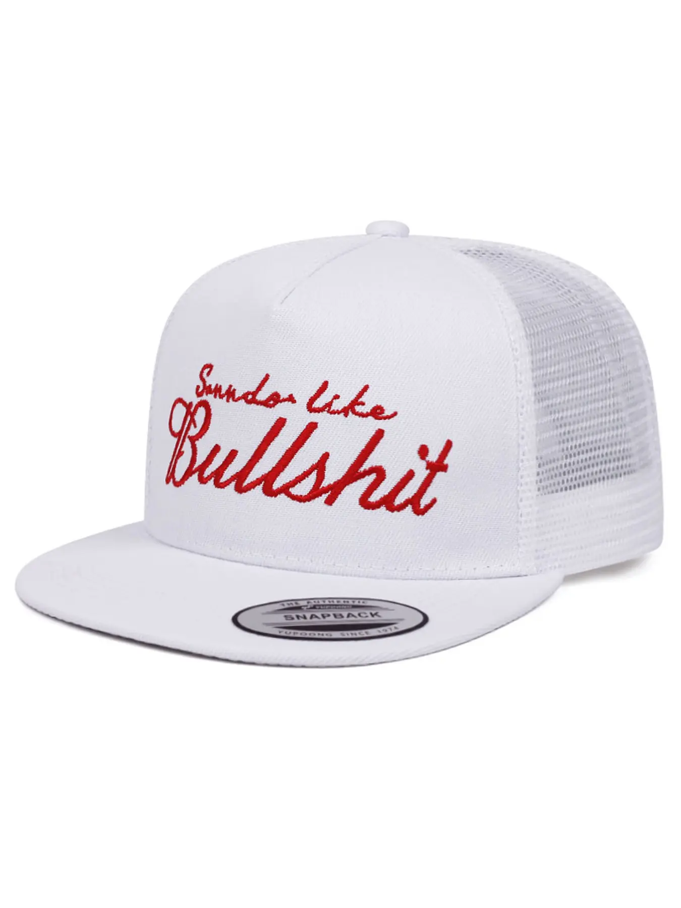 Unisex Funny Slogan Embroidered Mesh Trucker Hat Men Women White Flat Brim Baseball Cap Casual Streetwear Snapback Hip Hop Hat Mesh Snapback Hats