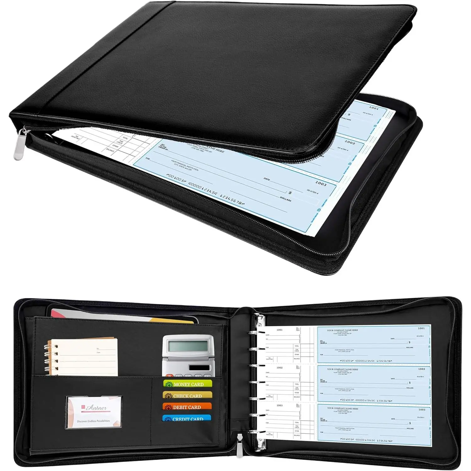 Zippered 7 Ring Business Checkbook Binder Portfolio for 3-on-a-Page Business Checks, 600 Checks Capacity, PU Leather Check Book Binder Cover for 9x13 Sheets, Built-in Storage Organizer, Black