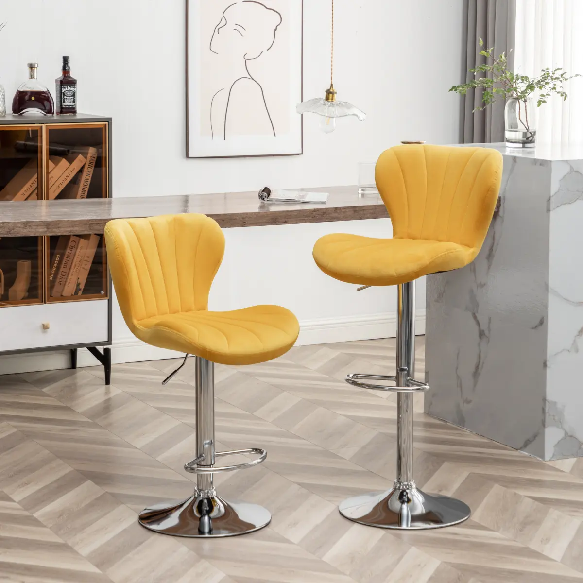 Ellston Contemporary Upholstered Adjustable Height Swivel Barstools - Yellow, Set of 2, 20.5"w x 20.5"d x 36.25"-44.5"h, Assembly Required, On-Site (Swivel Chairs Category)