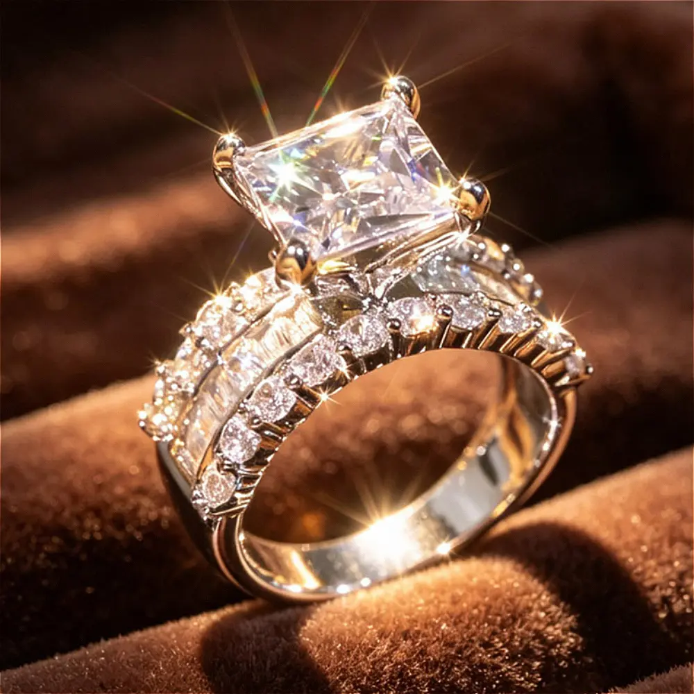 Shiny Square Princess Cut Bridal Ring Two Row Pave Band Stack Wedding Ring Elegant Luxury Finger Jewelry Gift for Christmas Wedding Engagement Ring Women Fashion Jewelry Gift for Birthday Holiday Bridal Jewelry Gift for Mother’s Day