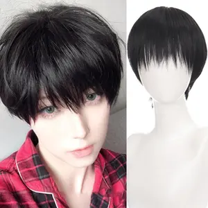 Short hair synthetic men's role-playing wig heat-resistant fireworks perm short curly hair natural black daily wig
