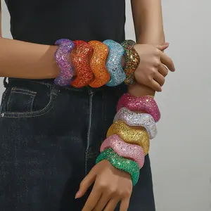 Colorful Glitter Resin Statement Bracelet – Wide Chunky Fashion Bangle for Women, Aesthetic Boho Jewelry, Trendy Niche Design Accessory, Lightweight Versatile Handmade Bracelet for Party, Festival, Night Out & Daily Outfit Styling