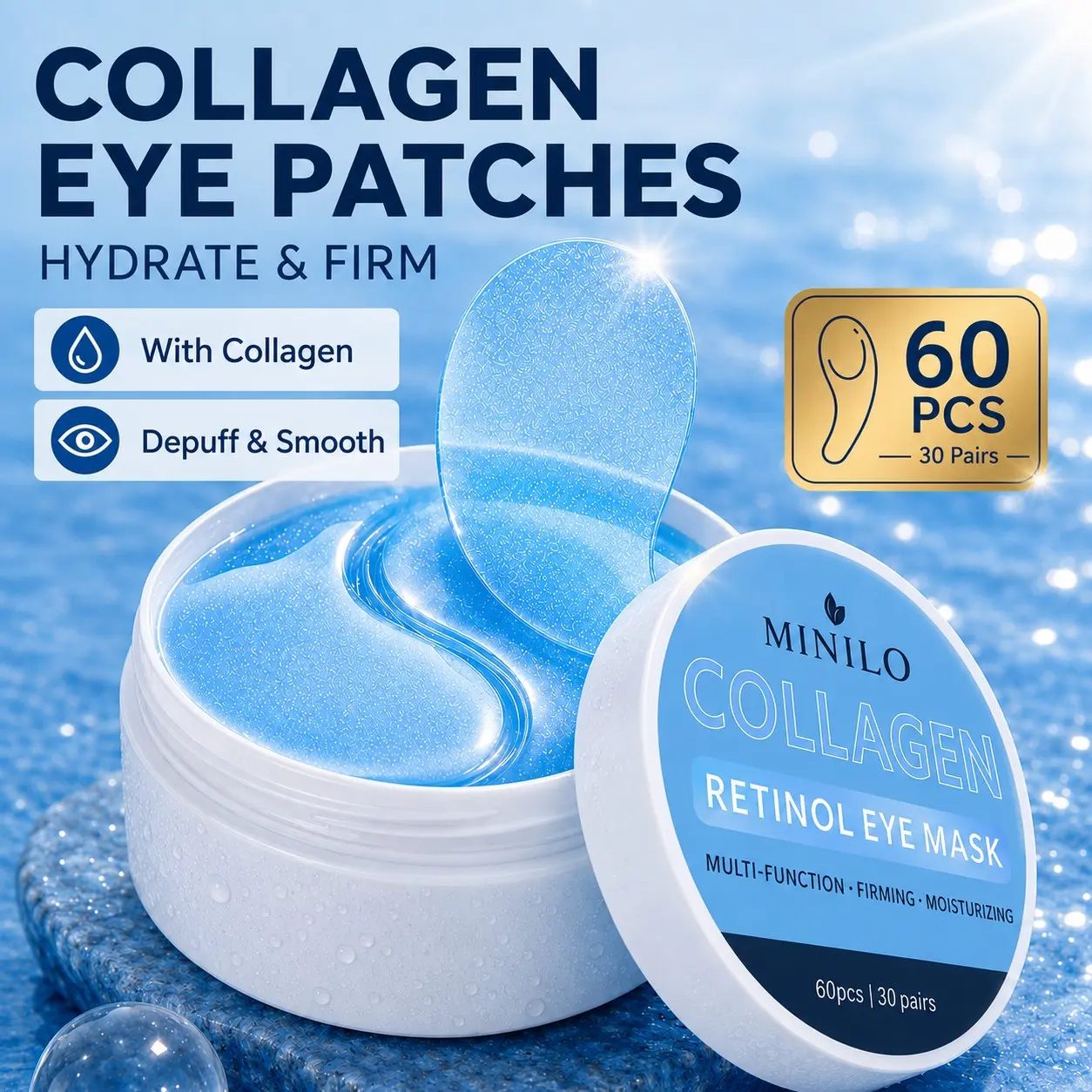 Collagen Retinol Eye Mask 60PCS, Hydrogel Under Eye Patches, Hydrating Eye Gel Pads for Refreshing Eye Care, Smoothing & Moisturizing Skincare Routine