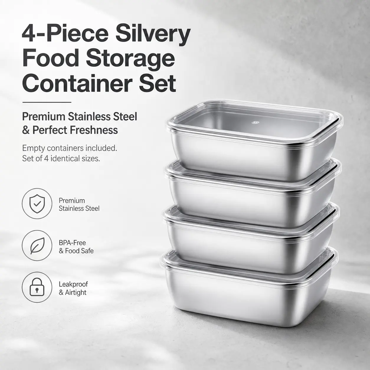 4 Piece Stainless Steel Food Storage Set, Leak-Proof Transparent Lids, BPA-Free Reusable Metal Containers, Ideal for Fridge & Kitchen