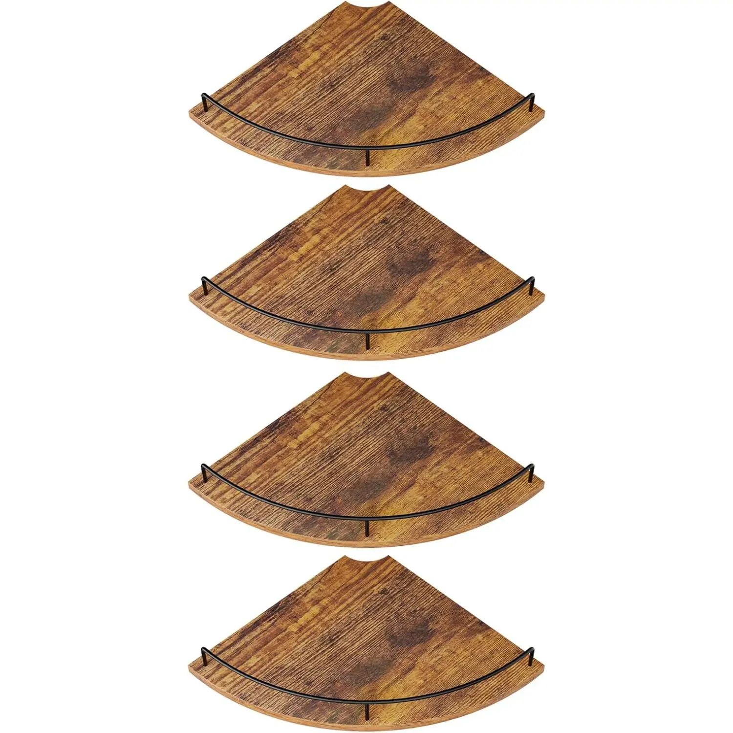 Set of 4 Rustic Corner Shelves, Wooden Wall Mount Floating Display with Metal Guardrail, Waterproof Storage Organizer for Living Room & Bathroom, Shelf, Decor, Water Proof, Floating Shelf
