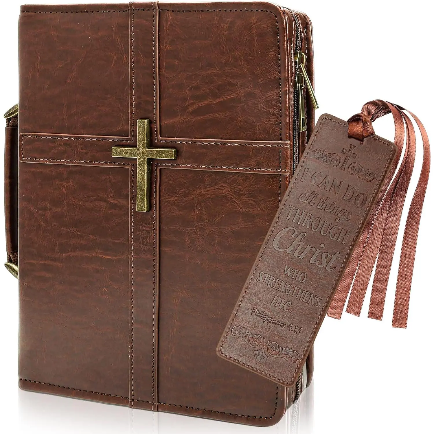 Cover Case PU Leather  Bag for Men, with Leather Bookmark, Pen Slots, Handle,  and Sturdy Church Bag, Christian Gifts for Men and Women, Fits Standard Size Bibles (Brown)