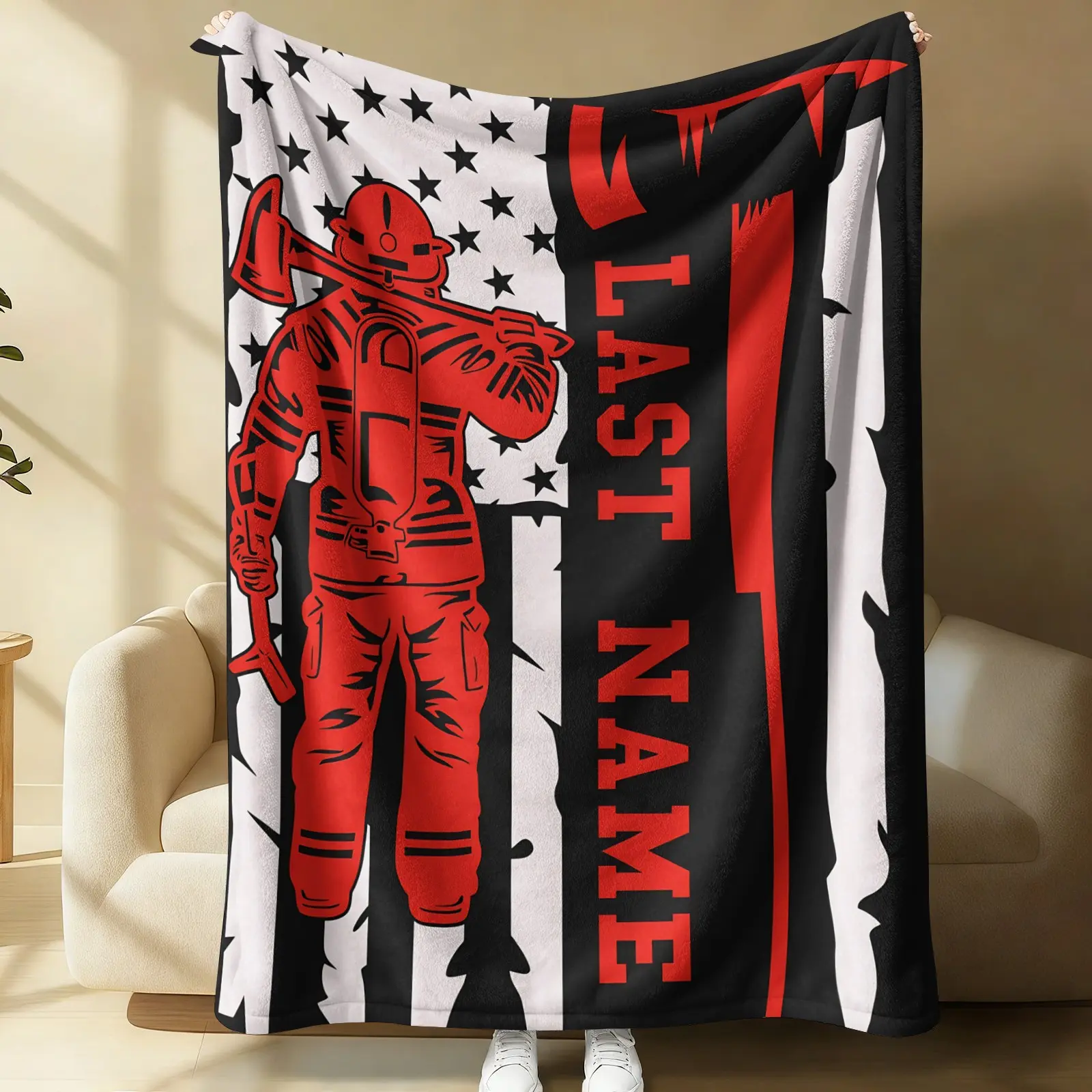 Firefighter Thin Red Line American Flag Flannel Throw Blanket, Fireman Silhouette Vertical Flag Print, Oversize Lightweight Multi-use Blanket for Nap, Camping, Travel & Sofa Bed, Firefighter Family Decor Gift