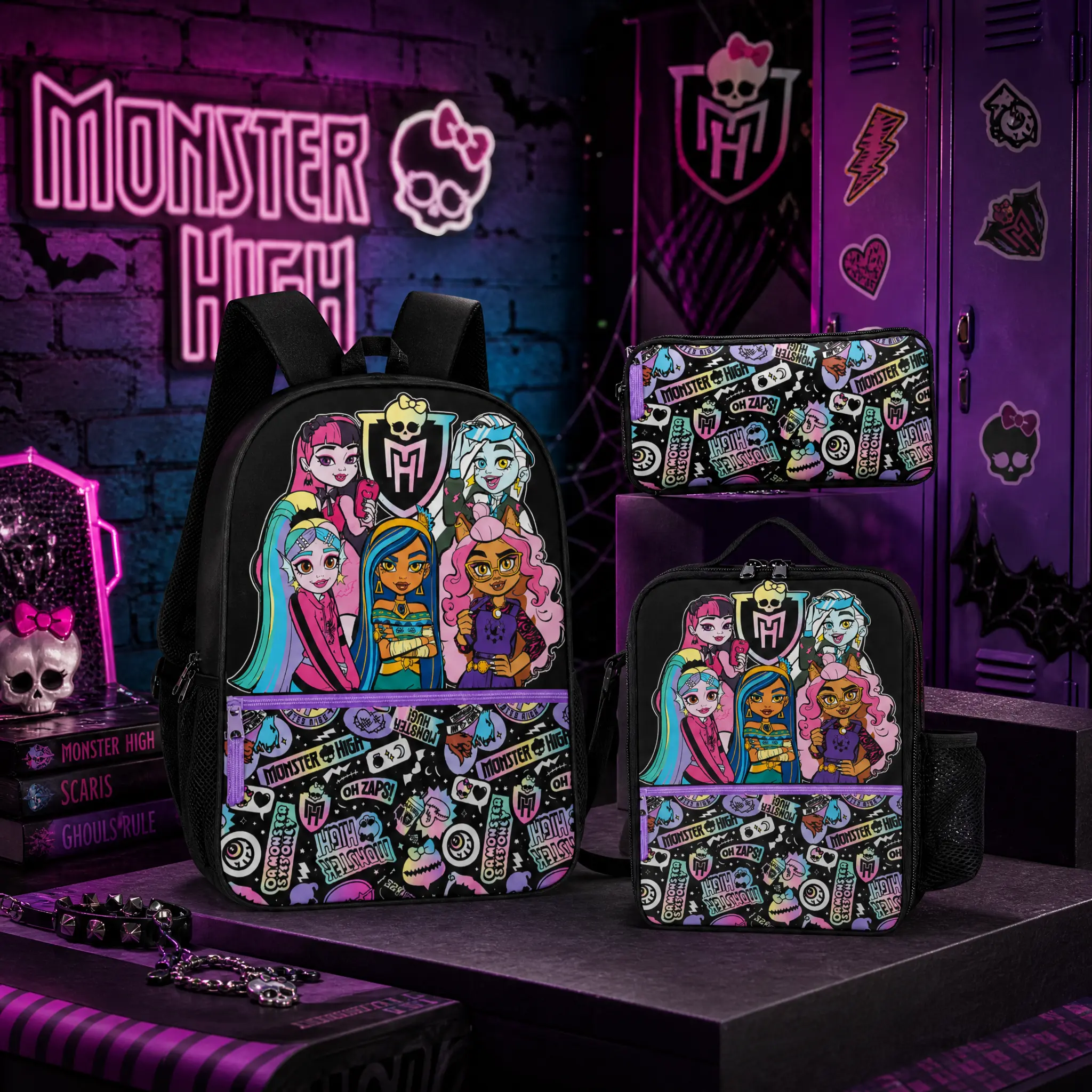 Gothic-style backpack with lunch box and pencil case, lightweight and casual travel bag, suitable for women, must-have gift for the back-to-school season