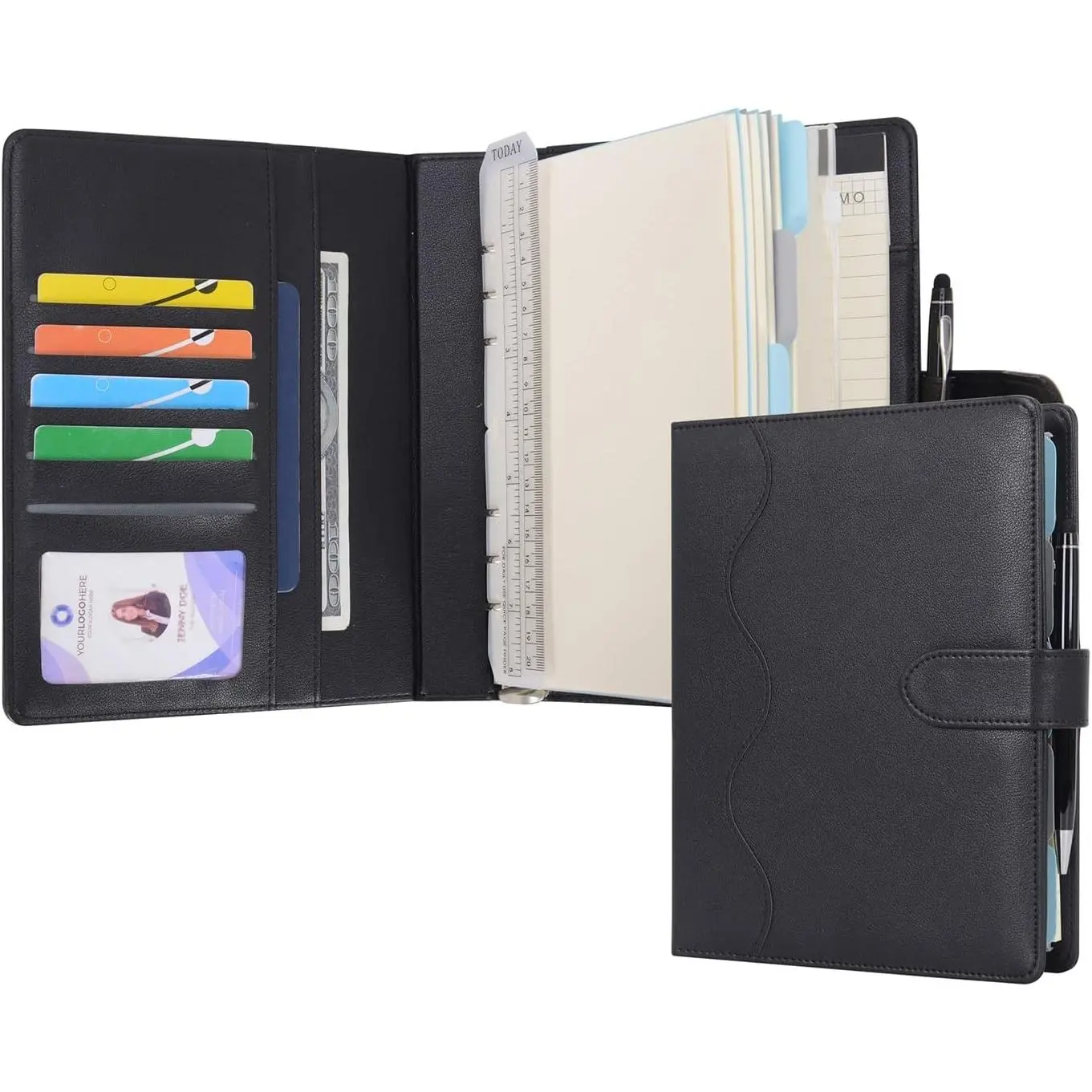 A5 PU Leather Binder Journal - Refillable Notebook with Lined Pages, Removable Clipboard, Ring Portfolio for Business, School (Black)
