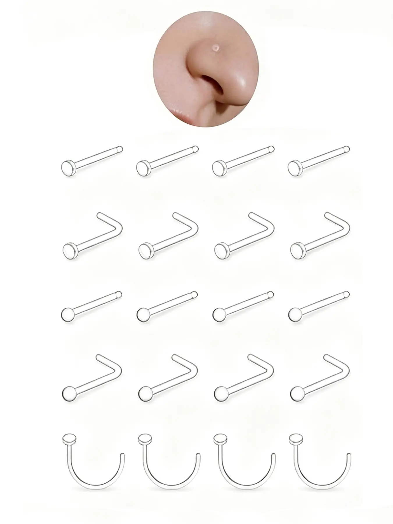 Clear Bioflex Nose Retainer Kit, Hypoallergenic Invisible Nose Piercing Jewelry Straight Pin L‑Shape Screw U‑Curve Nose Studs with Storage Box for Work School Sports Surgery & Fresh Piercing Healing