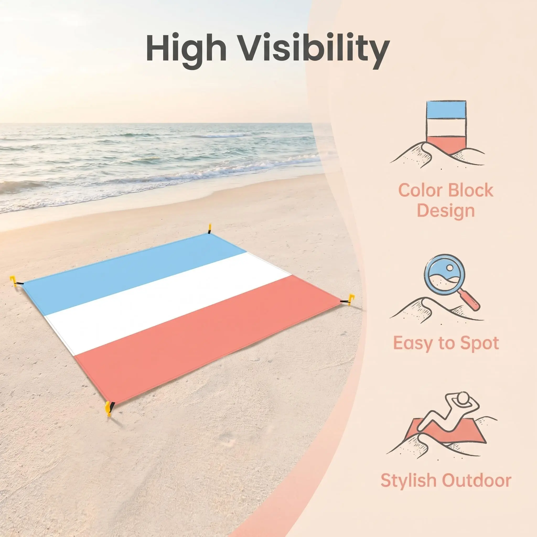 Large Beach Mat 210x200cm, Waterproof Sandproof Design Windproof Scratch Resistant, Portable with Stakes Carabiner, Ideal for 4-6 People