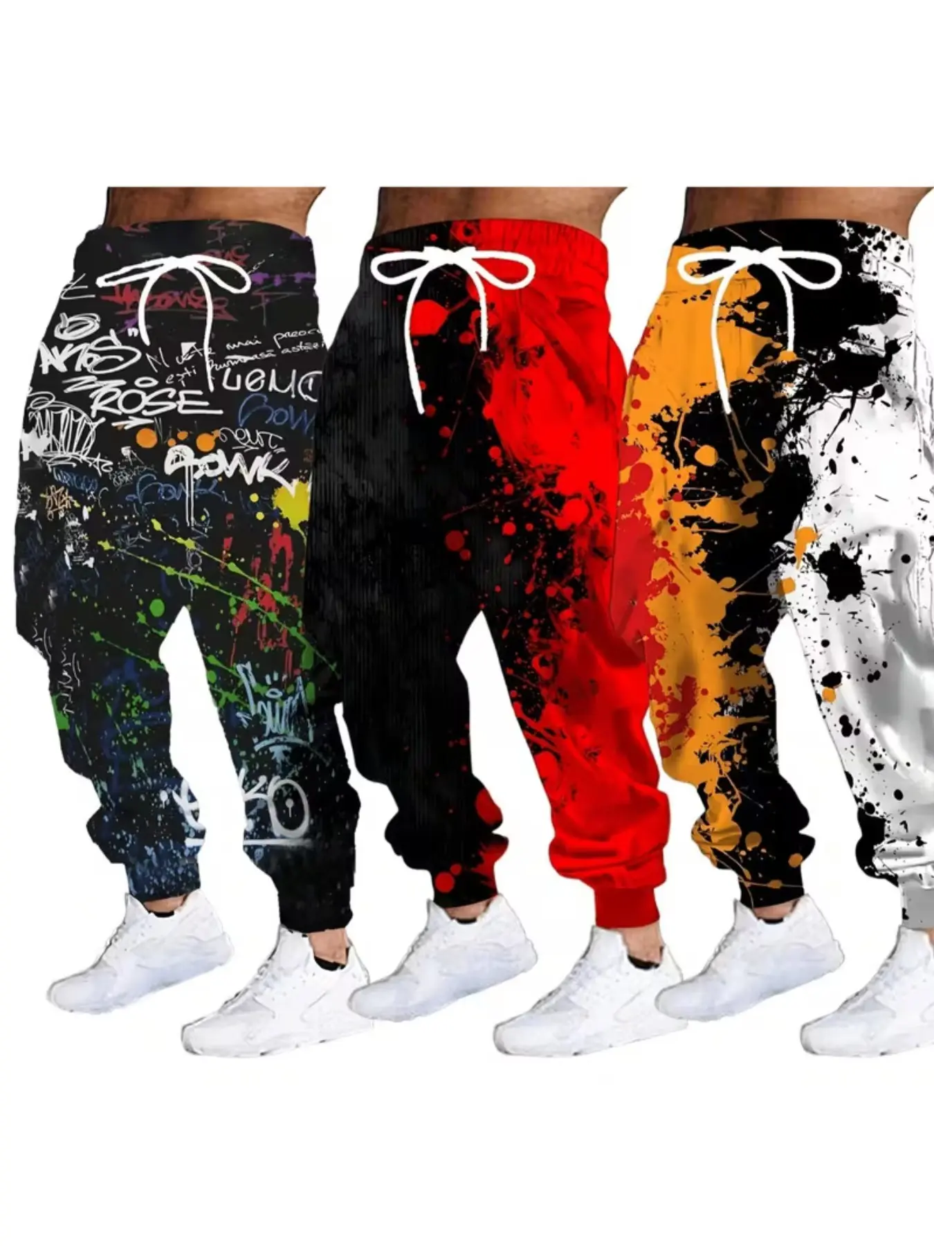 Men's 3-Piece Graffiti Letter Print Sweatpants, Drawstring Ankle Pants, Durable All-Over Print, Casual Long Pants, Printed Sweatpants, Available in Three Colors