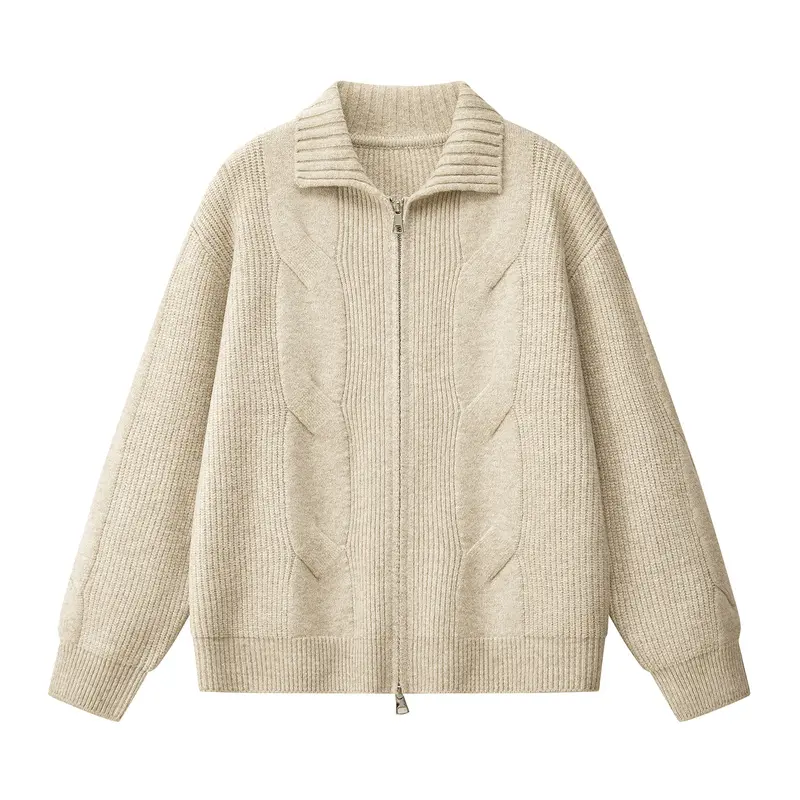 Men's Elegant Long Sleeve Oatmeal Cable Knit Zip-Up Sweater Cardigan - Ribbed Stand Collar, Full Metal Zipper Closure, Textured Twisted Knitting Detailing, Ribbed Cuffs & Hem, Loose Warm Tops for Autumn Winter Daily Outfits, Knitwear
