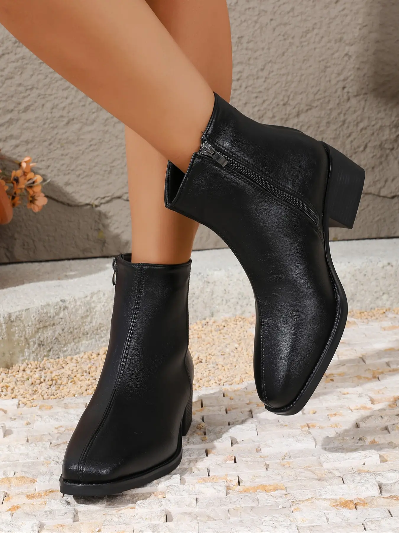 Women Square Toe Block Heel Ankle Boots Side Zipper Soft Leather Short Boots Casual Fashion Booties