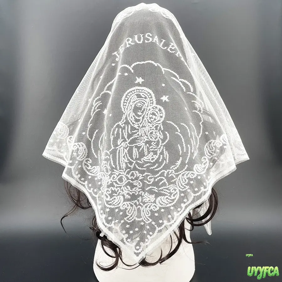 Lace Triangle Veil Scarf,50in*25in Embroidered Holy Mary Pattern Sheer Head Covering, Lightweight Jerusalem Inspired Head Wrap, Versatile Women’s Religious Headscarf For Church Worship, Ceremonial Occasions And Daily Styling