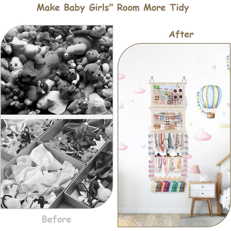 Headband Holder, 17x50in Bow Holder W/ 2 Mesh Pockets & 36 Metal Hooks, Bow Organizer for Girls Hair Clip Jewerly, Wall Hanging Hair Accessories Storage Hanger for Baby Toddler Nursery Decor(Beige)