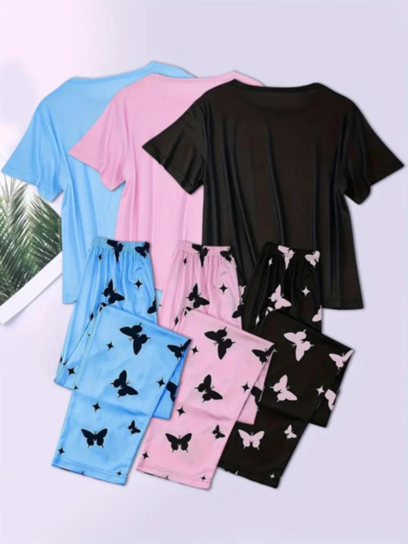 Women's Butterfly & Heart Print Tee & Elastic Waist Pants Pyjama Set, Casual Comfy Round Neck Short Sleeve T-shirt & Trousers PJ Set, Ladies Sleepwear for All Seasons, Sweetheart Pajama Set