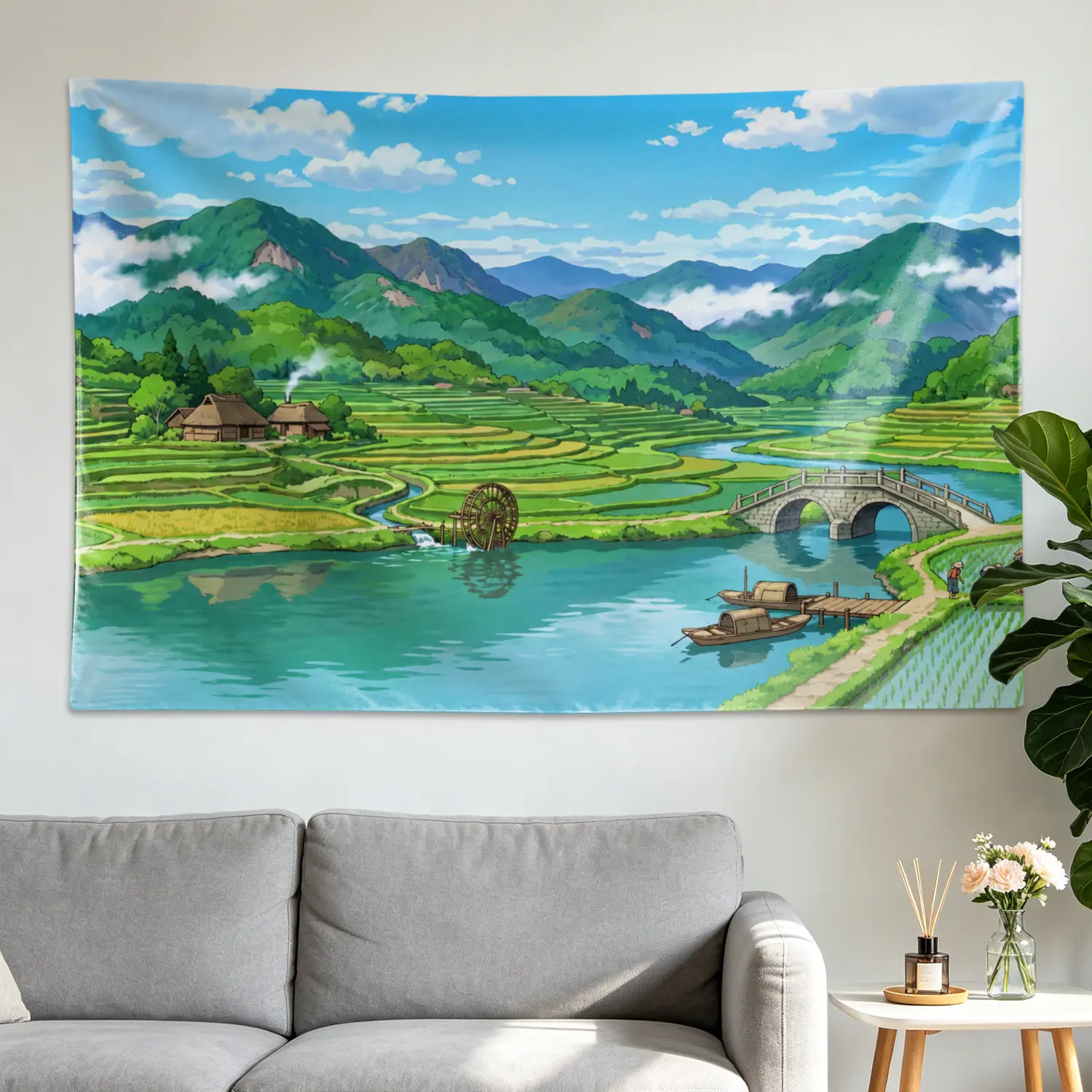 Large Size Horizontal Printed Polyester Wall Tapestry - Green Mountain Terrace Rural River Landscape Decor Artwork, Colorfast Room Decor Wall Hanging for Living Room, Bedroom, No-Installation Gift Idea for Family, High-Def Print