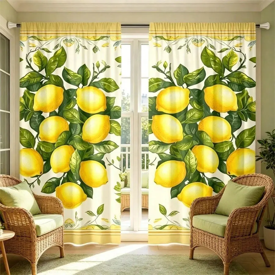 2pcs Vintage Lemon-Print Curtains - Watercolor-Style Pattern Featuring Yellow Lemons And Green Leaves - 2D Flat Print - Light-Filtering - Rustic Farmhouse Style - Kitchen & Living Room Decor
