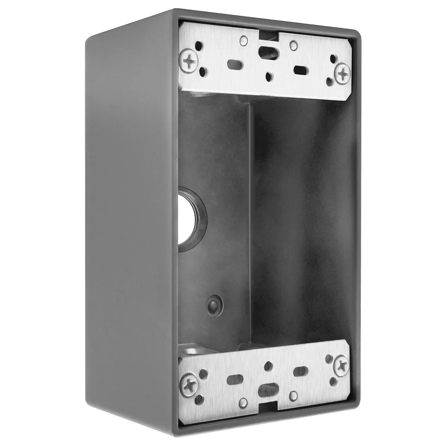 Weatherproof Outlet Box – Metal Outdoor Electrical Box,  -Cast Metal, Threaded Knockouts, Gray Finish, UL Listed for Outdoor Receptacles (1-Gang, 1/2 Inch)