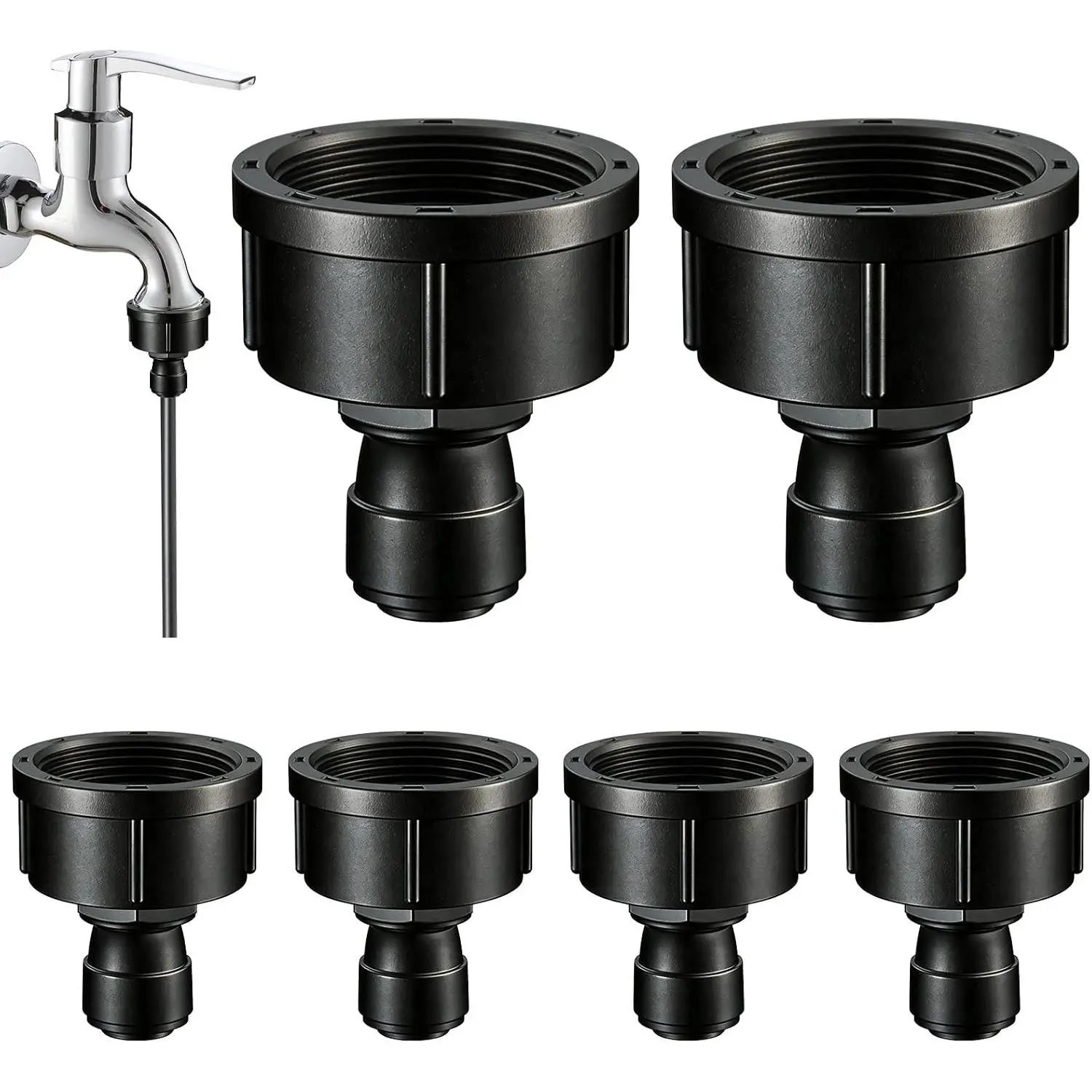 6 count 3/4" to 1/4" Drip Irrigation Faucet Adapters, Quick Connect 3/4" Faucet to 1/4" Tubing Drip Irrigation Hose Adapters, Push-to-Fit Garden Hose to 1/4 Tubing Adapter for Irrigation System