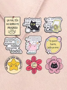 9-Piece Set Spanish Self-Love Inspirational Enamel Brooches, Cartoon Cat Coffee Daisy Flower Alloy Pins, Fashion Accessories for All Seasons
