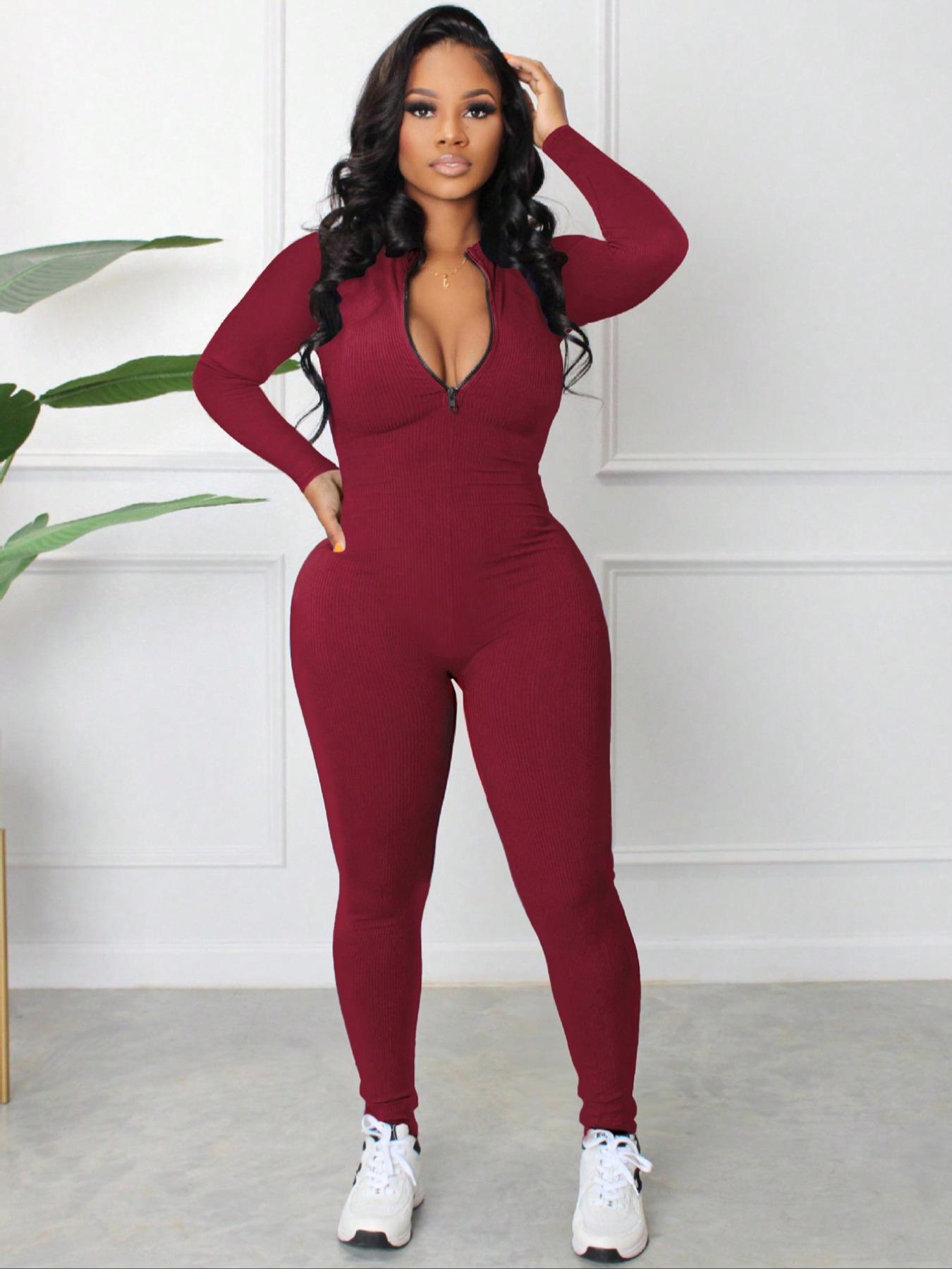 Women's Solid Textured Fitted Zip Up Jumpsuit, Jumpsuit for Women, Casual Long Sleeve Round Neck Skinny Jumpsuit for Spring & Fall, Women's Clothes for Daily Wear