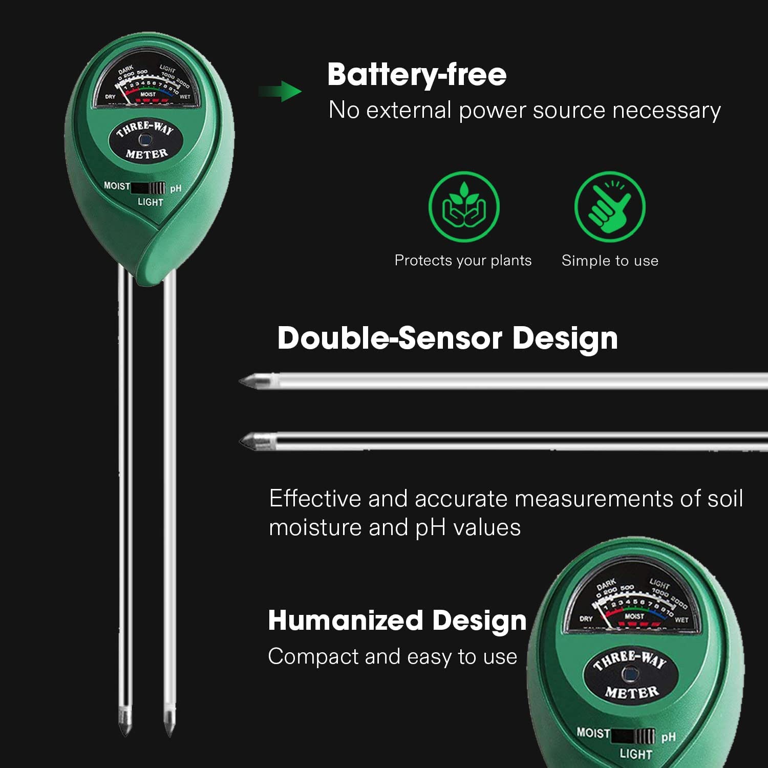 3 in 1 Soil Moisture Meter, Flower & Grass Soil Moisture & Acidity Tester, Monitoring Instrument for Soil PH, Moisture & Nutrient Fertility