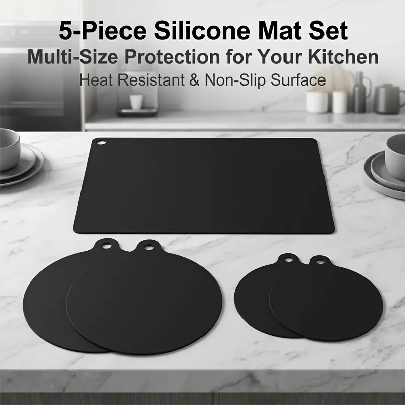 5pcs Induction Cooker Protective Mat Set, Heat-Resistant Silicone Stove Top Cover, Wear-Resistant And Non-Slip Protective Countertop Mat, Used for Kitchen Cooking And Baking, Coasters, Protection